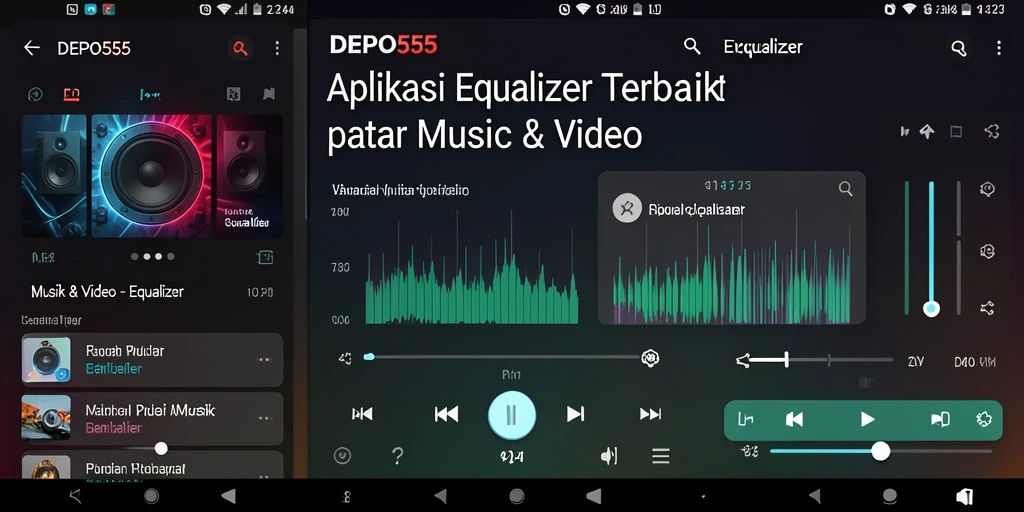 Screenshot aplikasi DEPO555 menampilkan antarmuka Equalizer yang menarik.